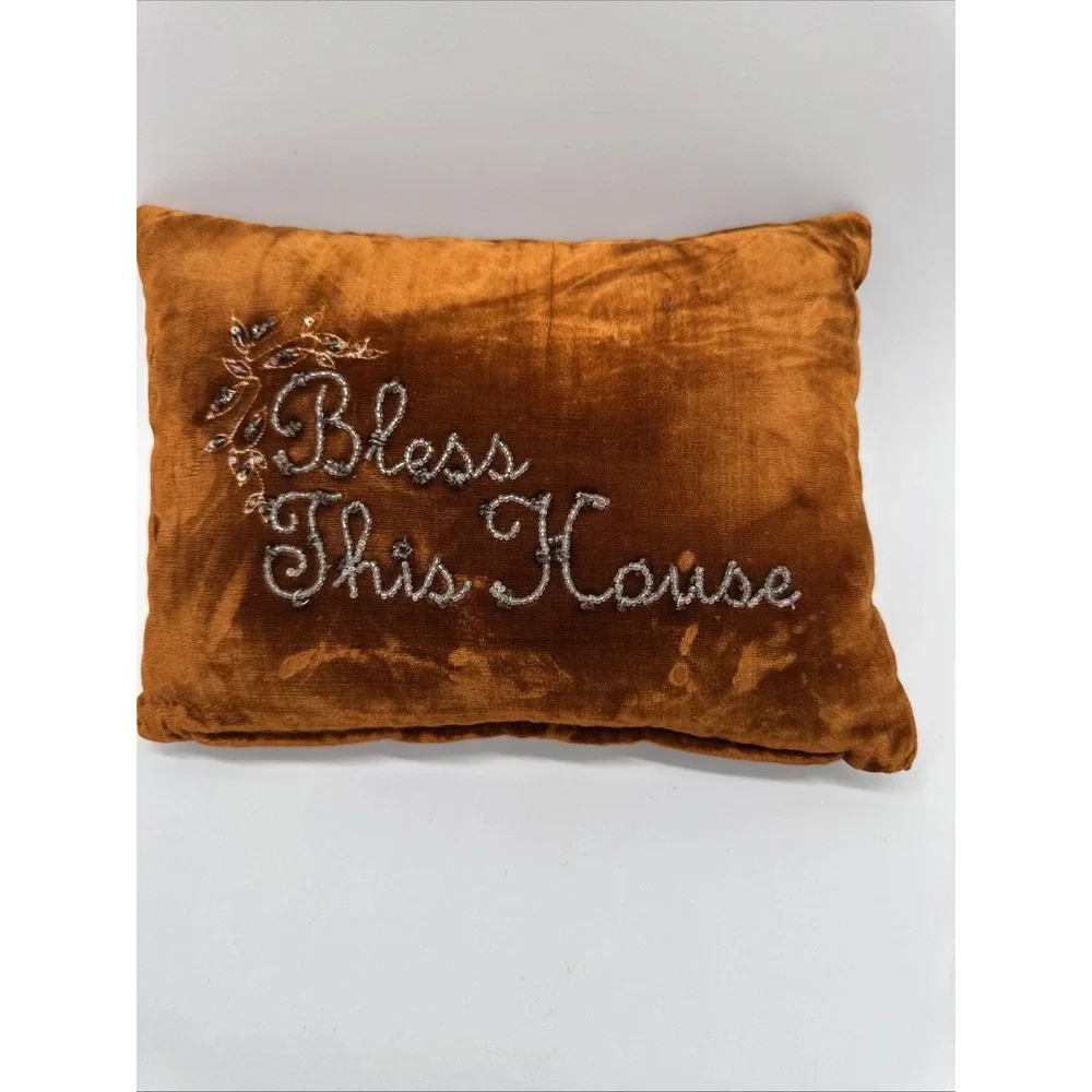 Vintage Beaded Needlepoint Throw Pillow Bless This House 11.5